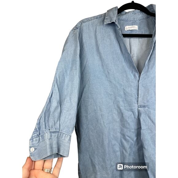 Women's Zara Blue Jean/ Denim Chambray Half Sleeve V Neck Blouse Size Small - Picture 3 of 7
